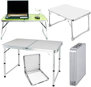 Folding Table 3ft Pop-Up Trestle Table Portable Aluminum Garden Camping Party Picnic Dining Table Desk - Space Saving Furniture - Adjustable Height