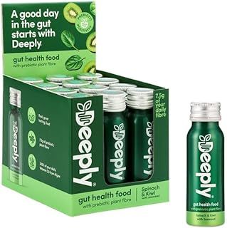Deeply Foods Spinach & Kiwi Daily Prebiotic Fibre – Powerful Proven Prebiotics for Gut Health, Supports Digestion, Reduces Bloating, Vitamin D3 & B9 for Immune, 7.5g Plant Fibre per 65ml, 12-Pack