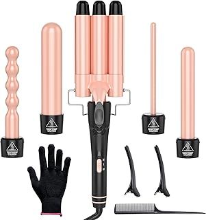 Hair Curler OBVHNUA 5 in 1 Curling Wand Set Professional Curling Tong 9-32mm with 2 Hair Clips 1 Comb Anti Scald Glove Temperature Adjustable