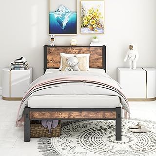 Diahomy Single Bed Frame with Wood Storage Headboard, Metal Platform Bed Single/Mattress Base/Underbed Storage/No Box Spring Needed/Brown