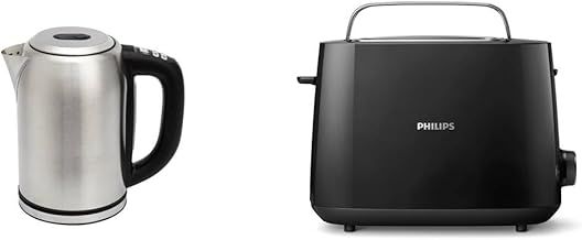 Amazon Basics Stainless Steel, 1.7L Kettle with Digital Display + Philips Daily Collection Toaster, 2 Large Slots for Bread, 8 Settings + Integrated Bun Warming Rac