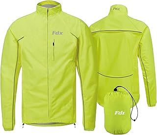 FDX Men’s Cycling Jacket - Waterproof Lightweight Breathable Cycle Rain Jersey - High Visibility Full Sleeves Reflective Tops - Windproof Packaway Pouch Coat for Running, Riding, Mountain Bike Racing