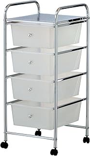 VonHaus Storage Trolley, 4 Drawer White Wheeled Makeup Trolley, Durable Storage with Plastic Drawers, Chrome Frame & 360° Wheels, Versatile Organiser for Bedroom, Bathroom, Home Office