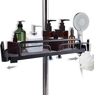 QANIUOS No Drill Shower Caddy, Extendable Bathroom Pole Storage Rack Holder for Soap and Shampoo, Fit 18mm-25mm Shower Rail (White)