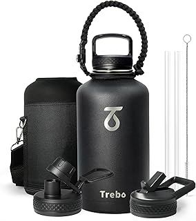 Trebo Insulated Water Bottle 2L, Metal Bottle with Paracord Handle Wide Mouth Double Wall Stainless Steel Large Sports Bottle Keep Cold 48 Hours Water Bottle with 3 Lids, Black