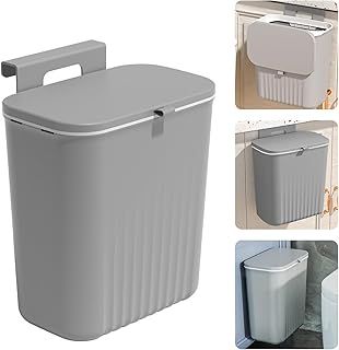 Accmuzzy Kitchen Bin, Under Kitchen Counter Bins with Lid,9L Food Waste Caddy Rubbish Dustbin Wall Mounted for Under Sink,Cupboard Door,Kitchen Cabinet,Camping,Bathroom,Bedroom (Grey)