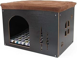 Cat Pet Bed House- Footstool Style Cat Cave Puppy Kennel, Foldable Pet House with Free Pet Cushion for Small Dogs Cats Rabbits Creative Wood Sitting Stool for Living Room Bedroom, Black XL