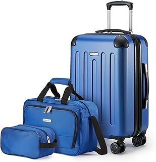 Amazon Basics Hardside Carry-On Spinner Luggage Set, 3-Piece, Carry-On Suitcase, Tote Bag, Compact Travel Bag, Expandable, 4 Spinner Wheels, Navy Blue
