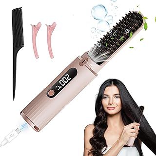 Cordless Hair Straightener Brush, 4500mAh USB Rechargeable Heated Straightening Comb, Portable Mini Negative Ion Hair Straightener Brush with 4 Temperature Settings for All Hair Types