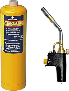 Super Total Fire Blow Torch and 1x Mapp+ Map Plus Pro Gas Canister Blow Torch with Gas Included for Soldering, Brazing, Searing, Thawing, Heat Treatment Quick Trigger Ignition Torch Trade Value Pack
