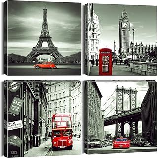 Artscope 4 Pieces Wall Art Canvas Prints - Red Cityscape with Eiffel Tower, Big Ben, Tower Bridge Picture Painting- Modern Wall Artwork Framed for Bathroom Home Office Decor - 30 x 30 CM