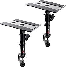 Studio Monitor and Speaker Stand Pair, Clamp-on Desk Speaker Stand, 24x22.5cm Heavy Duty Metal Tray, Adjustable -10° to +10° Tilt Angle, for Monitor Speakers, Bookshelf Speakers, Laptops, 2 Pack