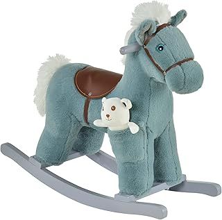 HOMCOM Kids Plush Ride-On Rocking Horse Toy Rocker with Plush Toy Realistic Sounds for Child 18-36 Months Blue