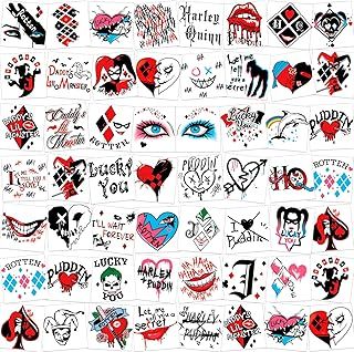 DPKOW 96pcs Harley Quinn Temporary Tattoos, Quinn Adhesive Tattoos Quinn Fake Tattoos Quinn Makeup Costume Party Accessories Halloween Tattoos Harley Quinn Costume Kids Ladies Carnival Carnival