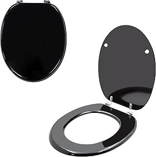 92559 Black Gloss Toilet Seat/Chrome Hinges/Easy Installation / 43cm x 37.5cm