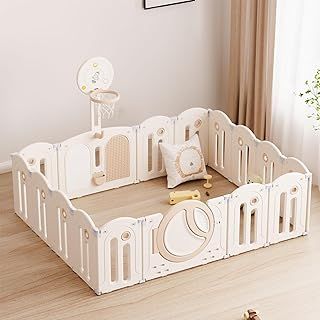BanaSuper Foldable Baby Playpen, 200x160cm Kids Activity Panel with Basketball Hoop, Play Pen for Babies and Toddlers with Drawing Board and Blocks Board, Baby Play Yard and Playground, 14+2 Panels
