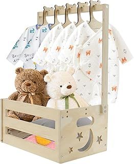 Baby Shower Crate Closet with 5 Hangers Wooden Baby Basket Baby Clothes Rail Baby Hamper Decorative Basket Storage Crate with Hanging Rail Baby Clothes Rack for Baby Shower Pregnancy New Parent Gifts