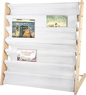 Kids Bookshelf 6 Tiers Kids Sling Bookshelf with Pocket 14X9X83cm Easy Access Natural Wood Books Storage Rack Perfect Height Reading Fun for Kids Bedroom Storage