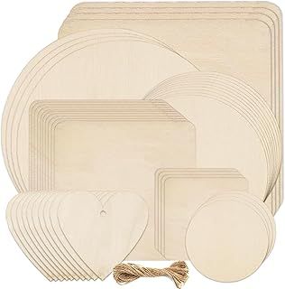 46Pcs Unfinished Blank Wood Slices - Pyrography Wood Blanks, 7Sizes Natural Wooden Pieces Round Square Hearts with Predrilled Hole &5M Twine, Woodcraft Circles for Craft, DIY, Decor Painting, Coasters