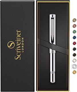 Scriveiner Silver Chrome Rollerball, Award Winning Luxury Pen, Heavy Pocket Pen with Chrome Finish, German Schmidt Refill, Best EDC Writing Pen Gift Set for Men & Women, Nice Designer Office Fancy Pen