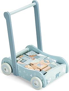 Navaris Wooden Baby Walker with Blocks - Push Along Wagon for Babies with 46 Wood Bricks - Classic Toy Gift Idea for Girls and Boys Learning to Walk