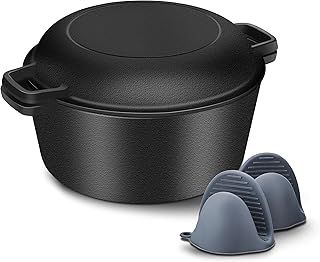 Herogo Non-Stick Dutch Oven, 2 In 1 Cast Iron Pot with Function Skillet Lid, 5 Qt Combo Cooker Casserole Pot with Handle Covers for Camping Cooking Baking, Pre-Seasoned, Durable & Heavy Duty, Black
