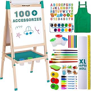 Blue Squid Art Easel for Kids - Dual-Sided Adjustable Wooden Painting Easels, Ideal for Toddlers, Children - w/Magnetic Chalk Board, White Board & Paper Roll, Includes 100+ Accessories