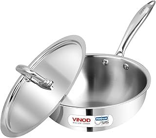 Vinod Platinum Triply Stainless Steel Deep Frypan with Stainless Steel Lid - 22 cm Diameter, with Riveted Sturdy Handle (Induction and Gas Stove Friendly) (22 cm Diameter Pan)
