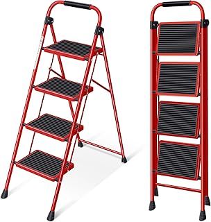 KINGRACK Step Ladder, Folding Ladder with Non-Slip and Wide Pedal, Folding Step Stool for Adults, Lightweight and Portable Step Ladder (Red, 4 Steps with handrail)