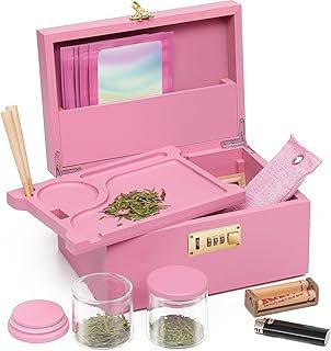 OZCHIN Large Bamboo Box with Combination Lock Decorative box for Home Great Gift Choice Stash Storage Lockbox with Storage Jar, Tray, Resealable Bags and More(Pink, M)