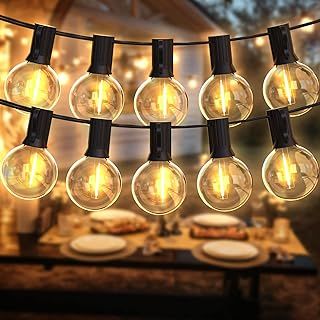 Festoon Lights 50ft LED String Lights Mains Powered with 27+3 Plastic G40 Bulbs 2700K Connectable for Decorative Lighting on Cafe, Wedding, Party