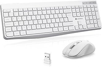 KOORUI Wireless Keyboard and Mouse Combo, 12 Multimedia and Shortcut Keys UK Layout Full Size Keyboard and Mouse Set for Windows, MacOS, Linux - Cold White (Batteries Not Included)