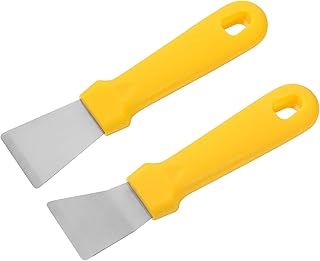 2 Pieces Cleaning Scraper for Ovens, Stoves, Induction Hob, Stainless Steel Multi-Kitchen Scraper with Plastic Handle, Straight Version + Bending Version (Yellow)