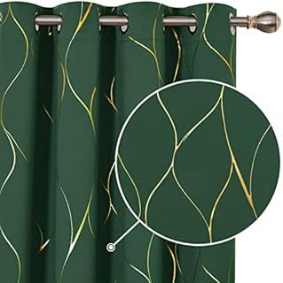Deconovo Home Decoration Eyelet Green Blackout Curtains Gold Wave Foil Printed Energy Saving Curtains for Living Room, 66 x 72 Inch (Width x Length), Dark Forest, One Pair