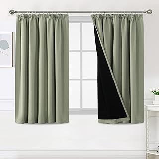 100% Blackout Curtains for Bedroom Thermal Insulated Curtains & Drapes Blackout Curtains Pencil Pleat Curtains for Living Room with Black Liner 2 Panels, 46 x 54 Inch, Light Sage