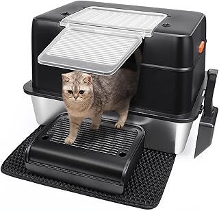 Vivifying Enclosed Stainless Steel Cat Litter Box with Lid, High-Sided, Removable and Metal Leak-Proof Stainless Steel Cat Litter Tray with Scoop, Steps and Mat (Black)