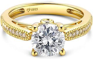 Jeulia Women's Sterling Silver Ring: Classic Round Cut Cubic Zirconia, Yellow Gold Plated Promise Engagement Solitaire Ring, Halo Diamond,Eternity Band for Wife Her With Jewellery Giftbox