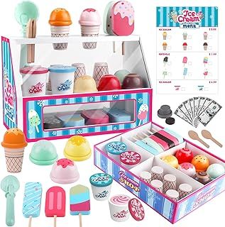 Plunack Wooden Ice Cream Toys for Kids, 48PCS Ice Cream Shop Playset Wooden Role Play Toy Food Kitchen Set Imaginative Learning Toys Gift for 3 Year Old Girls & Boys