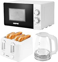 Geepas Electric Kettle 4 Slice Bread Toaster & Microwave Kitchen Set | 2200W 1.7L Illuminating Glass Kettle | 1400W Toaster with 6 Level Browning Control | 700W Solo Manual Dial Microwave 20L | White