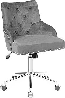 COSTWAY Velvet Office Chair, Height Adjustable Swivel Computer Desk Chair with Nailhead Trim, Ergonomic Rolling Rocking Executive Task Chairs Tufted Leisure Vanity Seat for Home Office (Grey)
