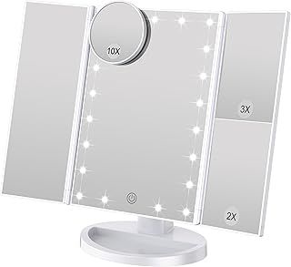WEILY Tri-fold Vanity Mirror, 21 LEDs and 2X/3X Magnification, Touch Switch for Adjusting Brightness, Dual Power Supply mode Makeup Mirror (White)