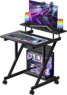 Dripex Computer Desk with Monitor Shelf - Mobile Z Shaped Home Office Desk with Storage Shelves and Movable Wheels for Small Spaces, Compact Corner Desk Space-Saving, Black