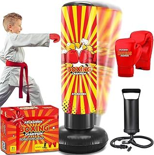 Inflatable Kids Punch Bag, Boxing Bag for Kids 5-10 Years Old, Kids Boxing Gloves and Pads Set, Boxing Bag Free Standing, Kickboxing Standing Dummy Punshing bag for kids, for Boys Girls
