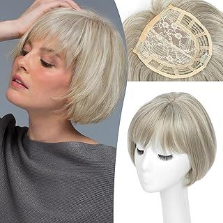 Ivory Blonde Hair Toppers for Thinning Hair Women Real Hair, Synthetic Straight Hair Topper Short Bob Hair Toppers with Bangs Side Part Hair Toppers for Women