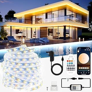 TENDIST 20M Outdoor Led Strip Lights Waterproof Warm White Led Strip, IP67 Dimmable White Led Rope Lights with APP and Remote Control, 24V Self-Adhesive Smart Strip Lights for Outdoor Kitchen, Garden