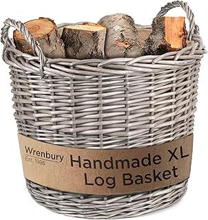 Wrenbury Extra Large Wicker Log Basket - 51cm Fireside Log Baskets for Wood Burner Indoor - Round Kindling Fire Wood Basket for Fireplaces with Lining