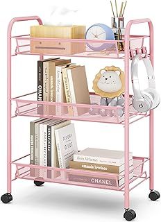 APEXCHASER 3-Tier Rolling Cart,Easy Assemble Mobile Storage Trolley On Wheels,Slide Out Utility Cart Shelving Units Kitchen Bathroom Laundry Room,Pink