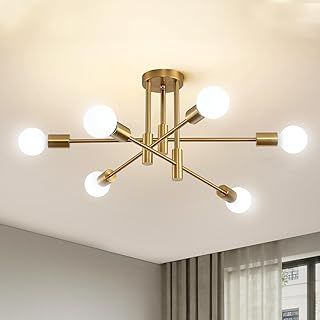 Gold Sputnik Ceiling Light Fixture, 6 Light Modern Chandelier, Industrial Adjustable Semi Flush Mount Pendant Lighting