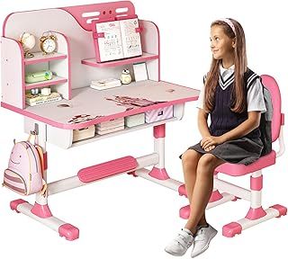 Kids Study Table and Chair Set, Adjustable Art Desk Girls Desk for Bedroom, Study Table with Large Writing Board Bookshelf and Drawer (pink)