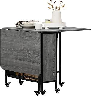 HOMCOM Mobile Drop Leaf Table, Folding Dining Table with 6 Wheels & Storage Shelf for Small Spaces, Kitchen, Dining Room, Grey